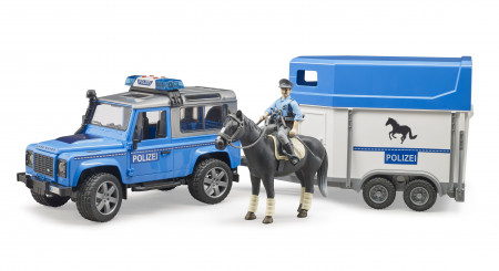 BRUDER policijos automobilis Land Rover Defender su žirgo priekaba, žirgas ir policininkas, 02588 02588
